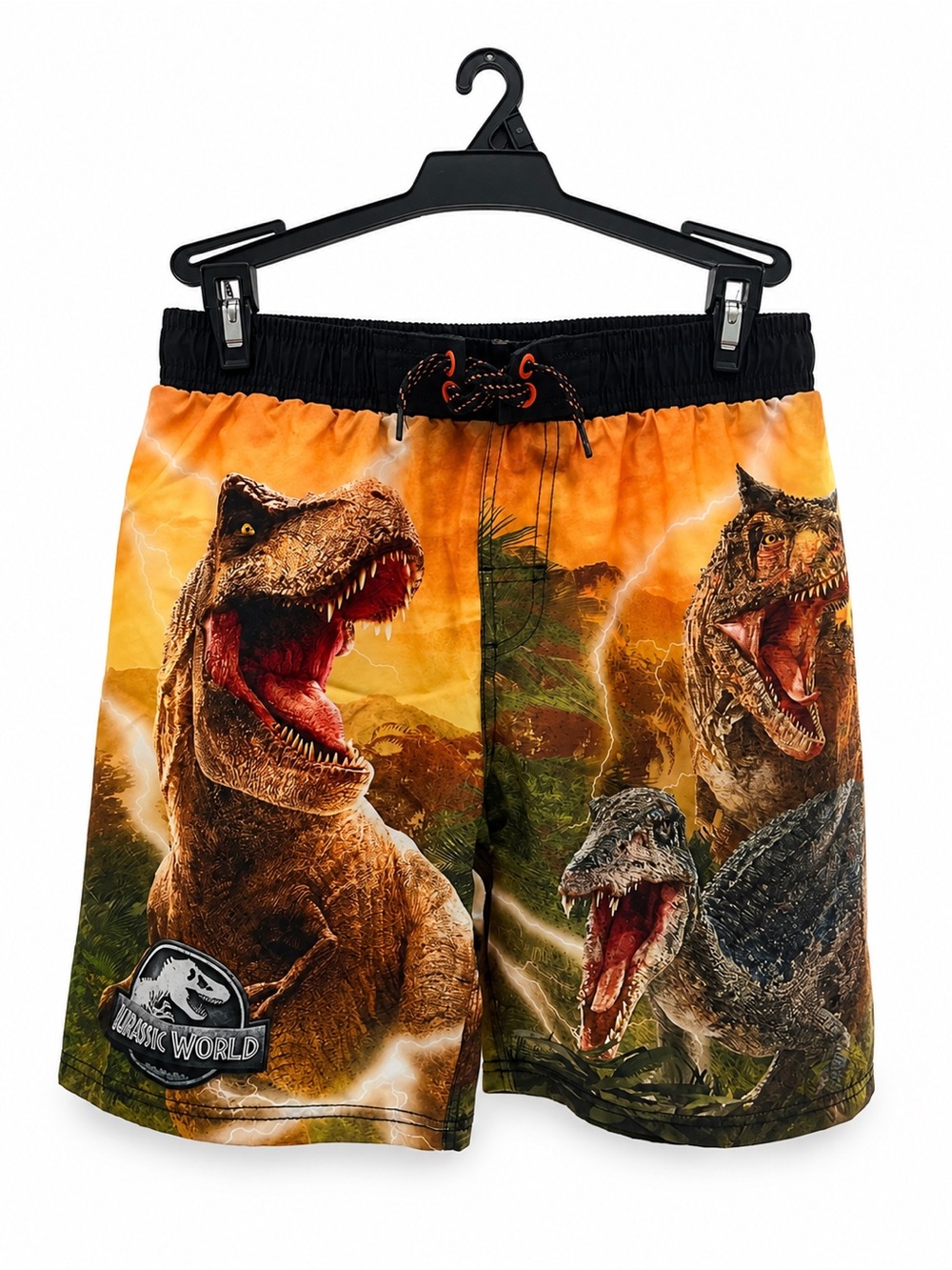 Amazon Kids' Jurassic World Dinosaur Swim Trunks - Orange, Black, Green